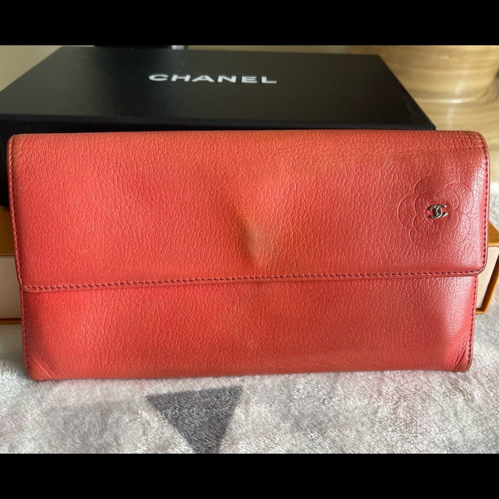 CHANEL  CORAL leather  Camellia CC FLAP Long wallet